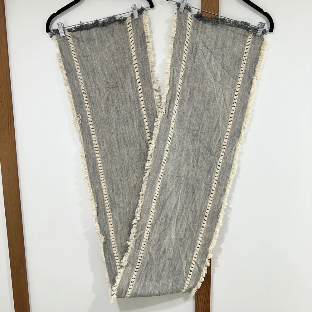 Table Runner Gray Cotton Macrame Lace Fringe Boho Farmhouse 91x13 Gray